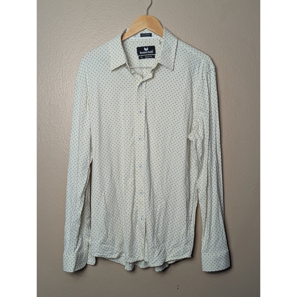 Buttercloth Icy Cotton Button Down Shirt XL White Blue Pattern Stretch Mens